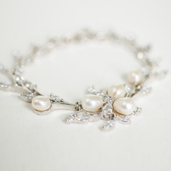 Freshwater Pearl Cubic Zirconia Bridal Bracelet, Gold, Silver or Rose Gold Color - Picture 4 of 5